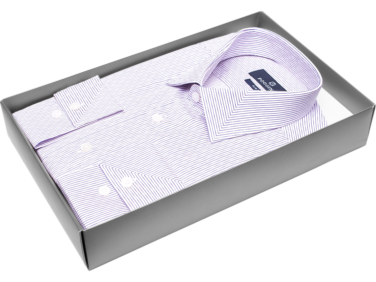 Удобная мужская рубашка Poggino 7011-65 рукав длинный силуэт приталенный стиль классический цвет сиреневый в полоску 100% хлопок