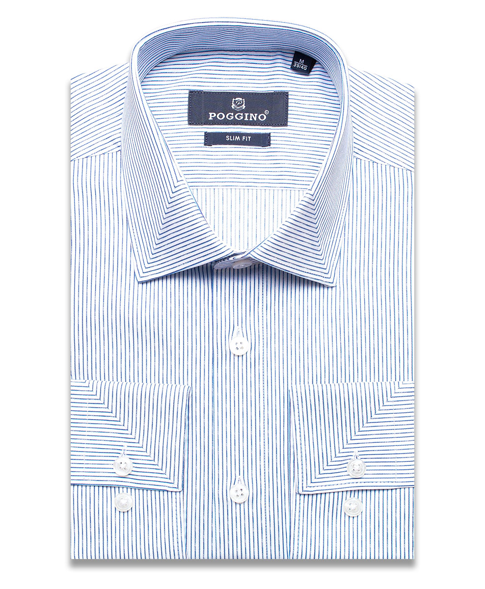 Синяя приталенная мужская рубашка Poggino 7011-64 в полоску с длинным рукавом