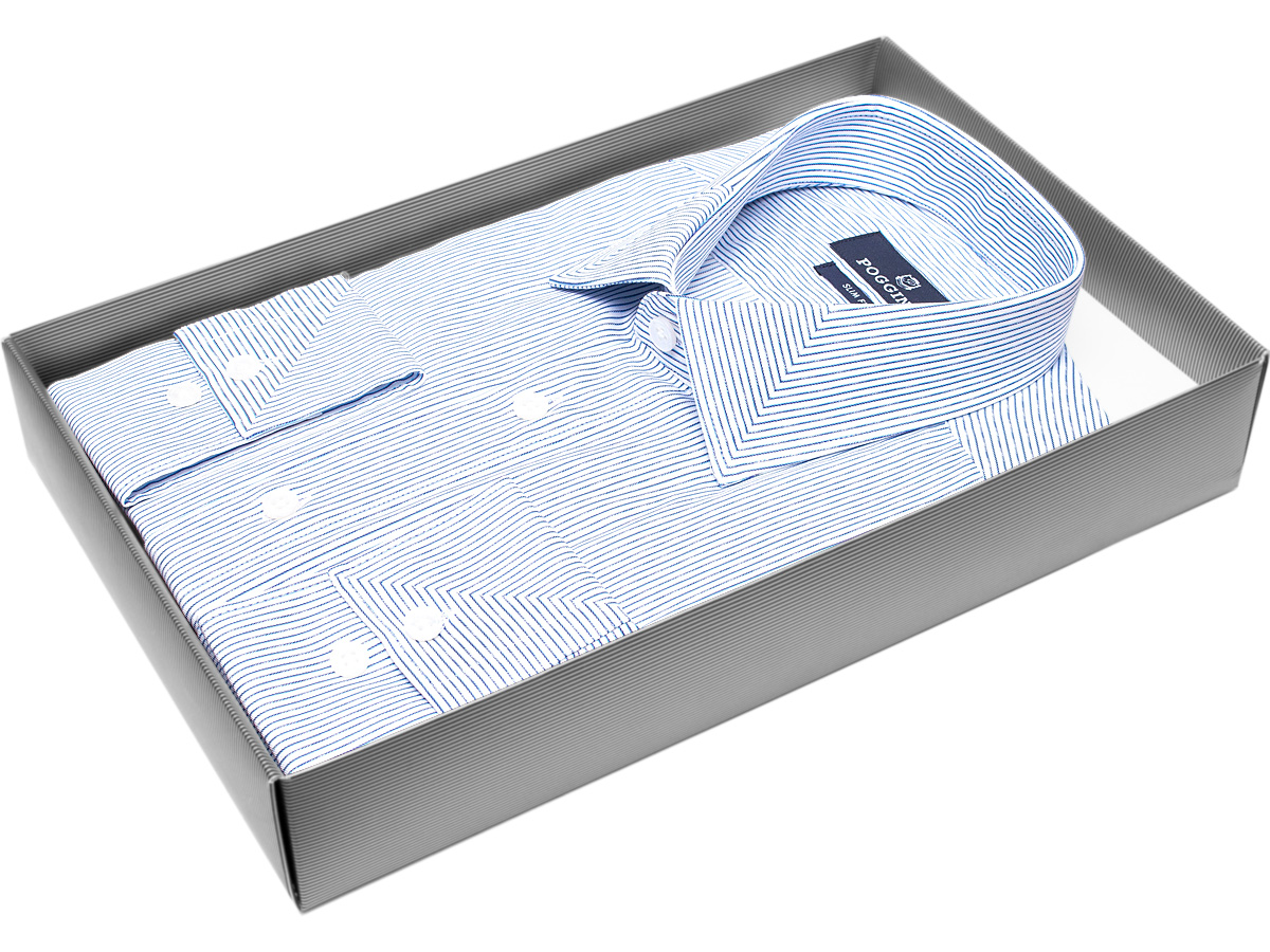 Удобная мужская рубашка Poggino 7011-64 рукав длинный силуэт приталенный стиль классический цвет синий в полоску 100% хлопок