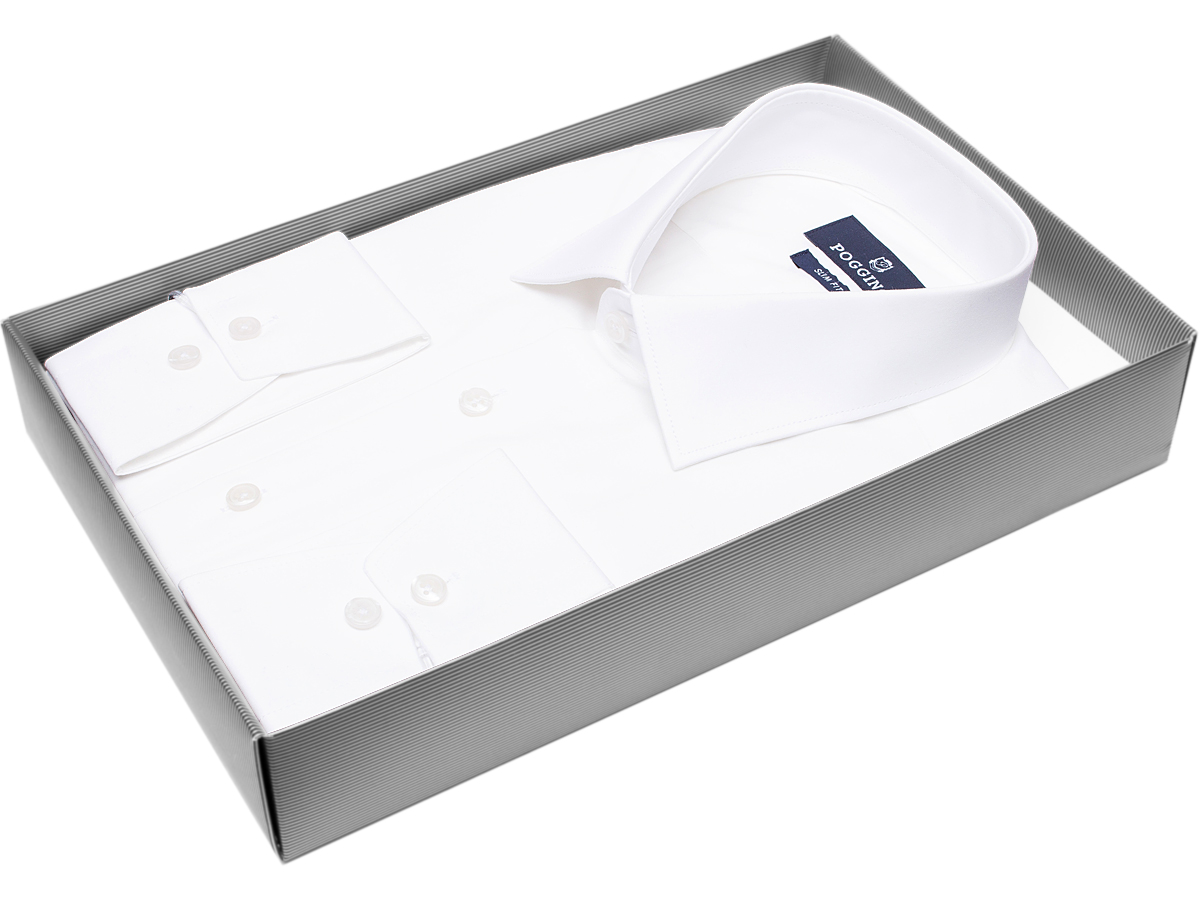 Модная мужская рубашка Poggino 7011-61 силуэт приталенный стиль классический цвет белый однотонный 100% хлопок