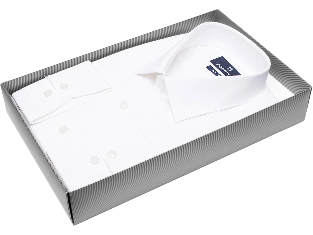 Стильная белая мужская рубашка Poggino 7011-61 рукав длинный силуэт приталенный стиль классический цвет белый однотонный 100% хлопок