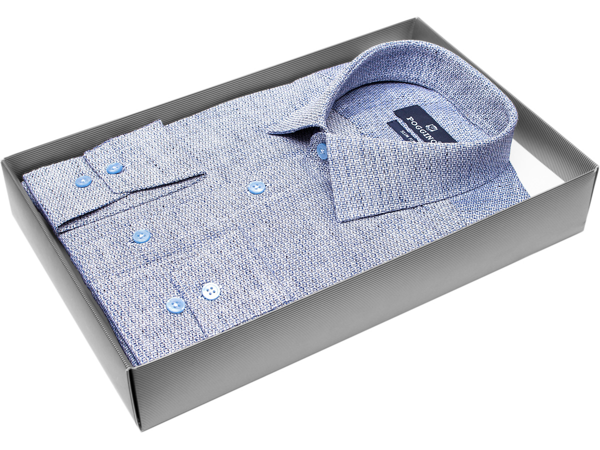Удобная мужская рубашка Poggino 7011-12 рукав длинный силуэт приталенный стиль casual цвет светло-синий меланж 100% хлопок
