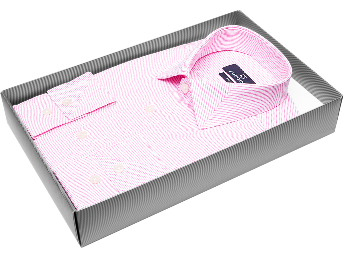 Яркая мужская рубашка Poggino 5010-48 рукав длинный силуэт приталенный стиль классический цвет розовый в полоску 100% хлопок