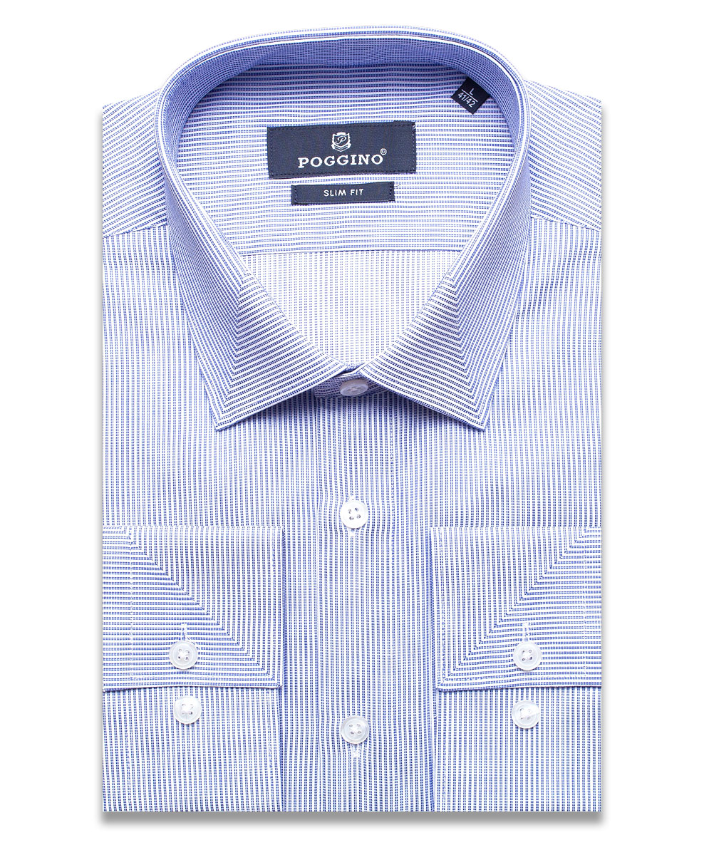 Синяя приталенная мужская рубашка Poggino 7011-01 в полоску с длинным рукавом
