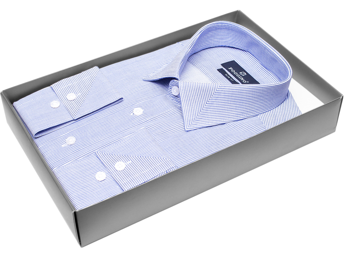 Приталенная мужская рубашка Poggino 7011-01 рукав длинный стиль классический цвет синий в полоску 100% хлопок