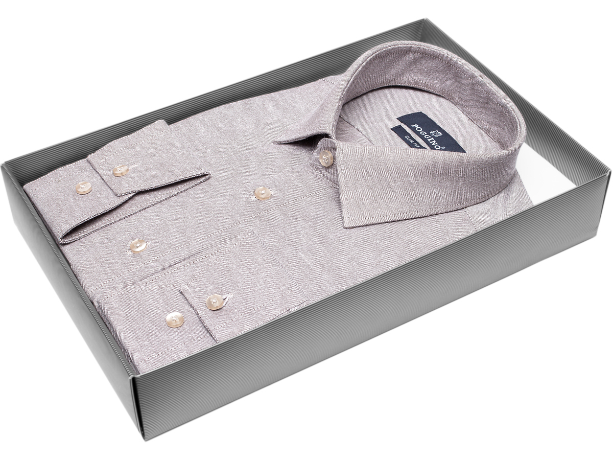 Приталенная мужская рубашка Poggino 5010-75 рукав длинный стиль классический цвет светло-коричневый меланж 100% хлопок