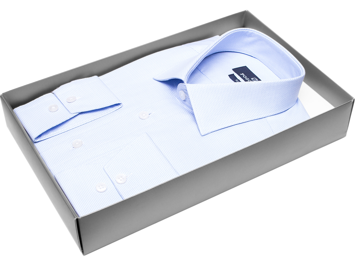 Модная мужская рубашка Poggino 7011-35 силуэт приталенный стиль классический цвет голубой в клетку 100% хлопок