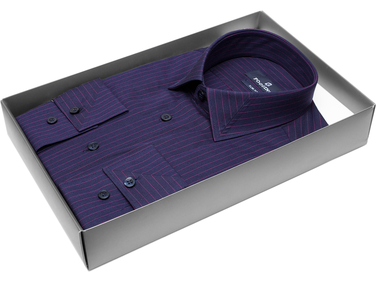 Яркая мужская рубашка Poggino 5009-68 рукав длинный силуэт приталенный стиль классический цвет темно синий в полоску 100% хлопок