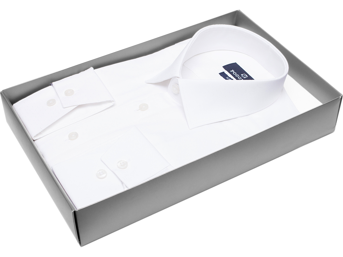 Удобная мужская рубашка Poggino 7011-37 рукав длинный силуэт приталенный стиль классический цвет белый однотонный 100% хлопок
