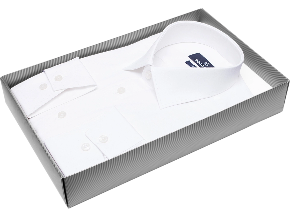 Стильная белая мужская рубашка Poggino 7011-37 рукав длинный силуэт приталенный стиль классический цвет белый однотонный 100% хлопок