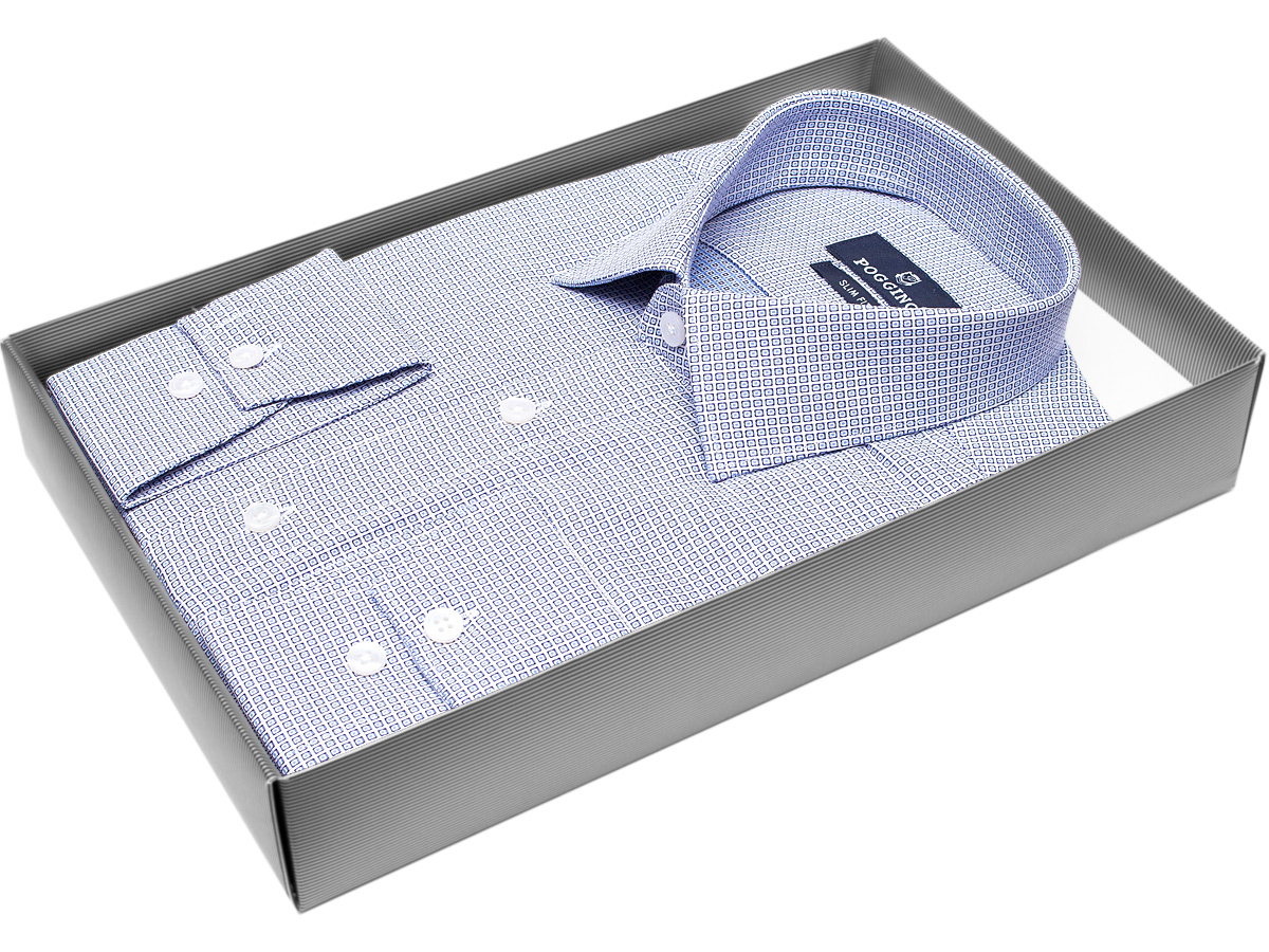 Яркая мужская рубашка Poggino 7011-17 рукав длинный силуэт приталенный стиль классический цвет синий в клетку 100% хлопок