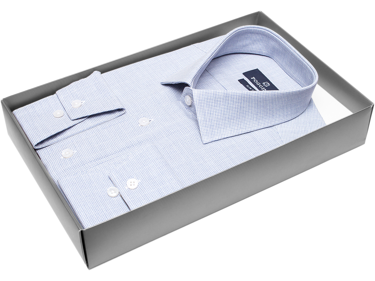 Модная мужская рубашка Poggino 7011-24 силуэт приталенный стиль классический цвет серо-голубой в клетку 100% хлопок