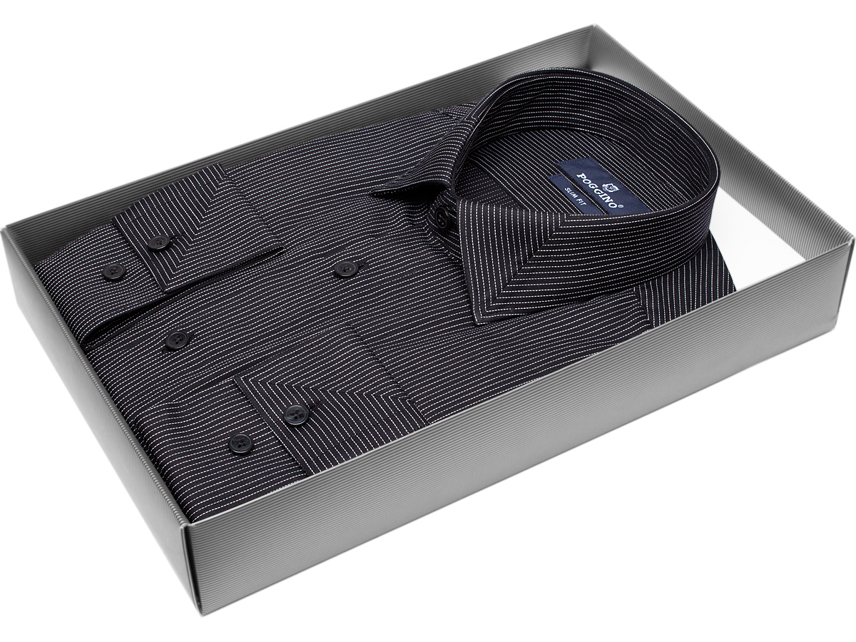 Модная мужская рубашка Poggino 5010-51 силуэт приталенный стиль классический цвет черный в полоску 100% хлопок