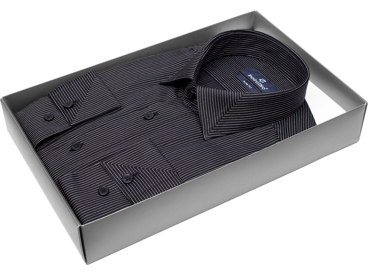Черная приталенная мужская рубашка Poggino 5010-51 в полоску с длинными рукавами купить в Москве недорого