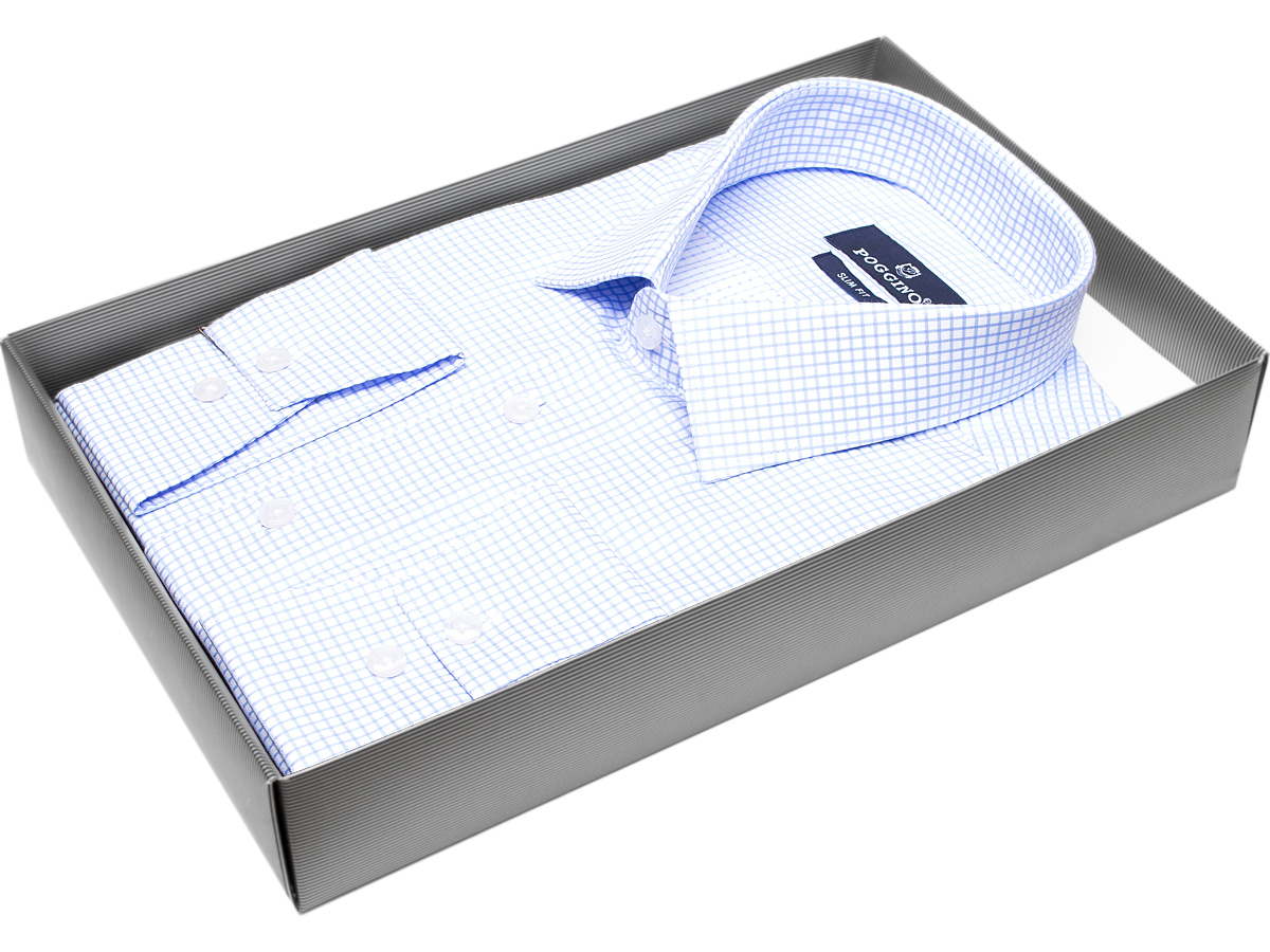 Стильная мужская рубашка Poggino 7011-56 силуэт приталенный стиль классический цвет голубой в клетку 100% хлопок