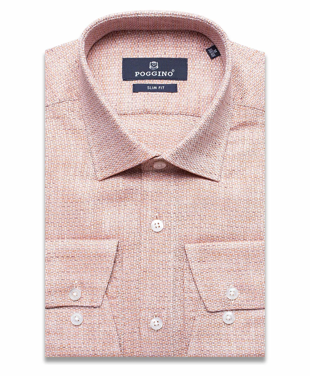 Бледно-каштановая приталенная мужская рубашка Poggino 7011-05 меланж с длинными рукавами