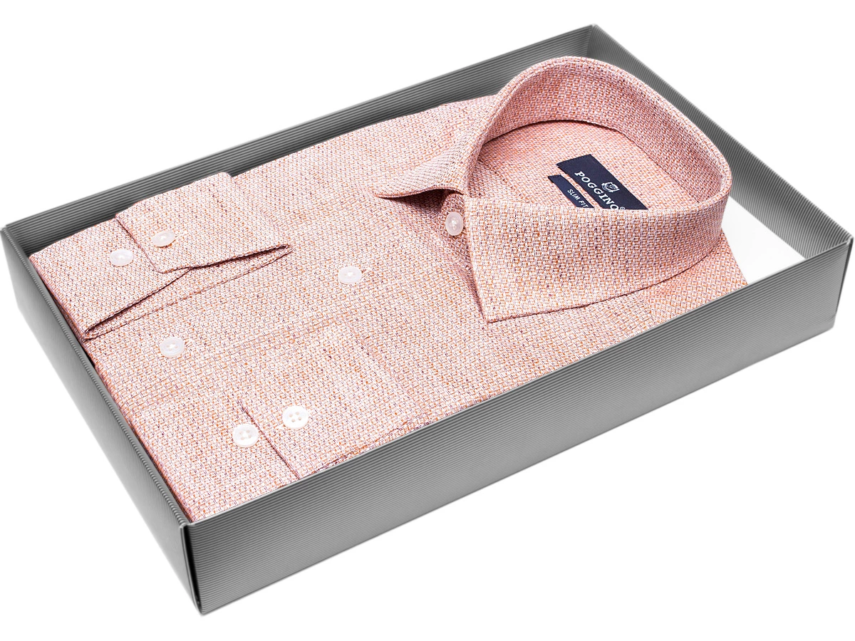 Бледно-каштановая приталенная мужская рубашка Poggino 7011-05 меланж с длинными рукавами купить в Москве недорого