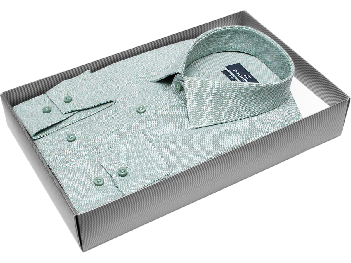 Удобная мужская рубашка Poggino 5010-78 рукав длинный силуэт приталенный стиль классический цвет светло-зеленый однотонный 100% хлопок