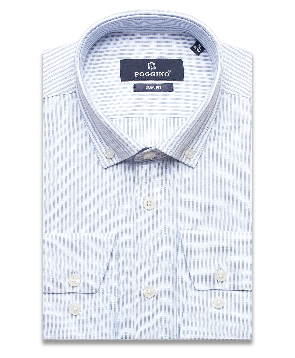 Голубая приталенная мужская рубашка Poggino 5010-113 в полоску с длинными рукавами