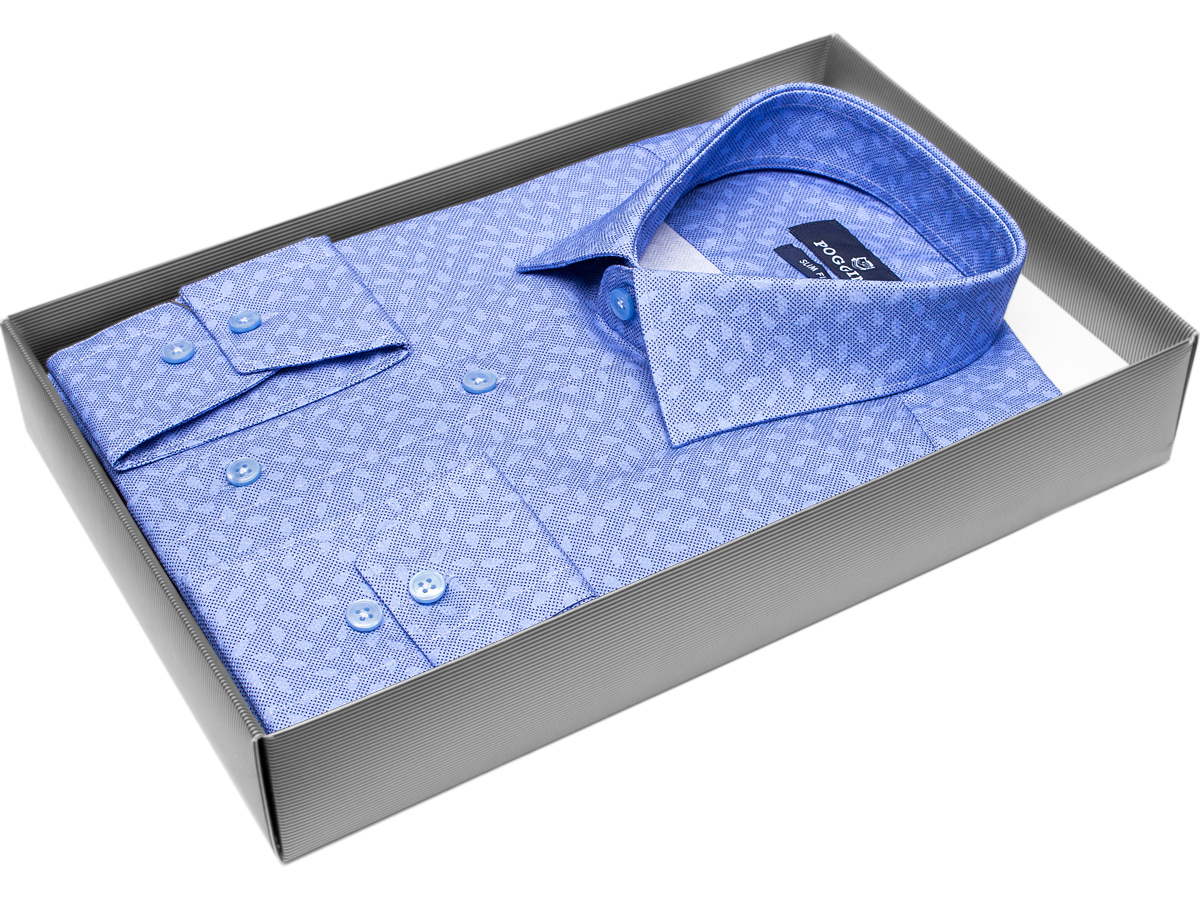 Синяя приталенная мужская рубашка Poggino 7011-52 в узорах с длинным рукавом