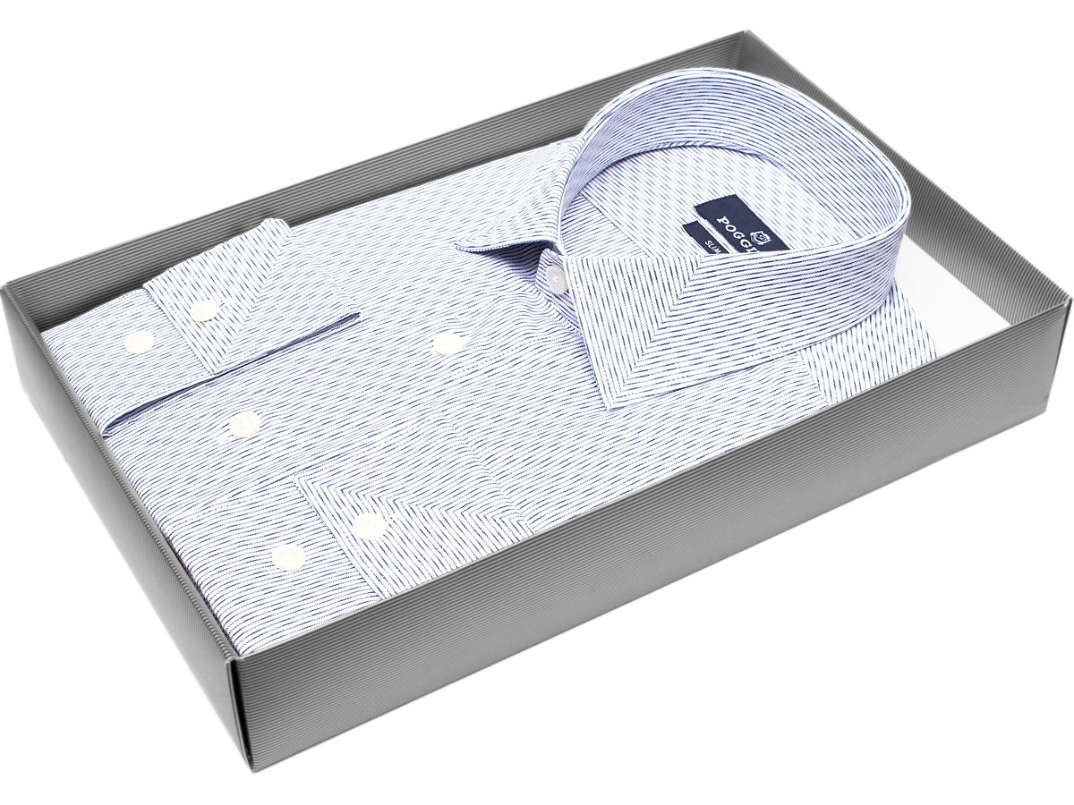 Удобная мужская рубашка Poggino 5010-47 рукав длинный силуэт приталенный стиль классический цвет синий в полоску 100% хлопок