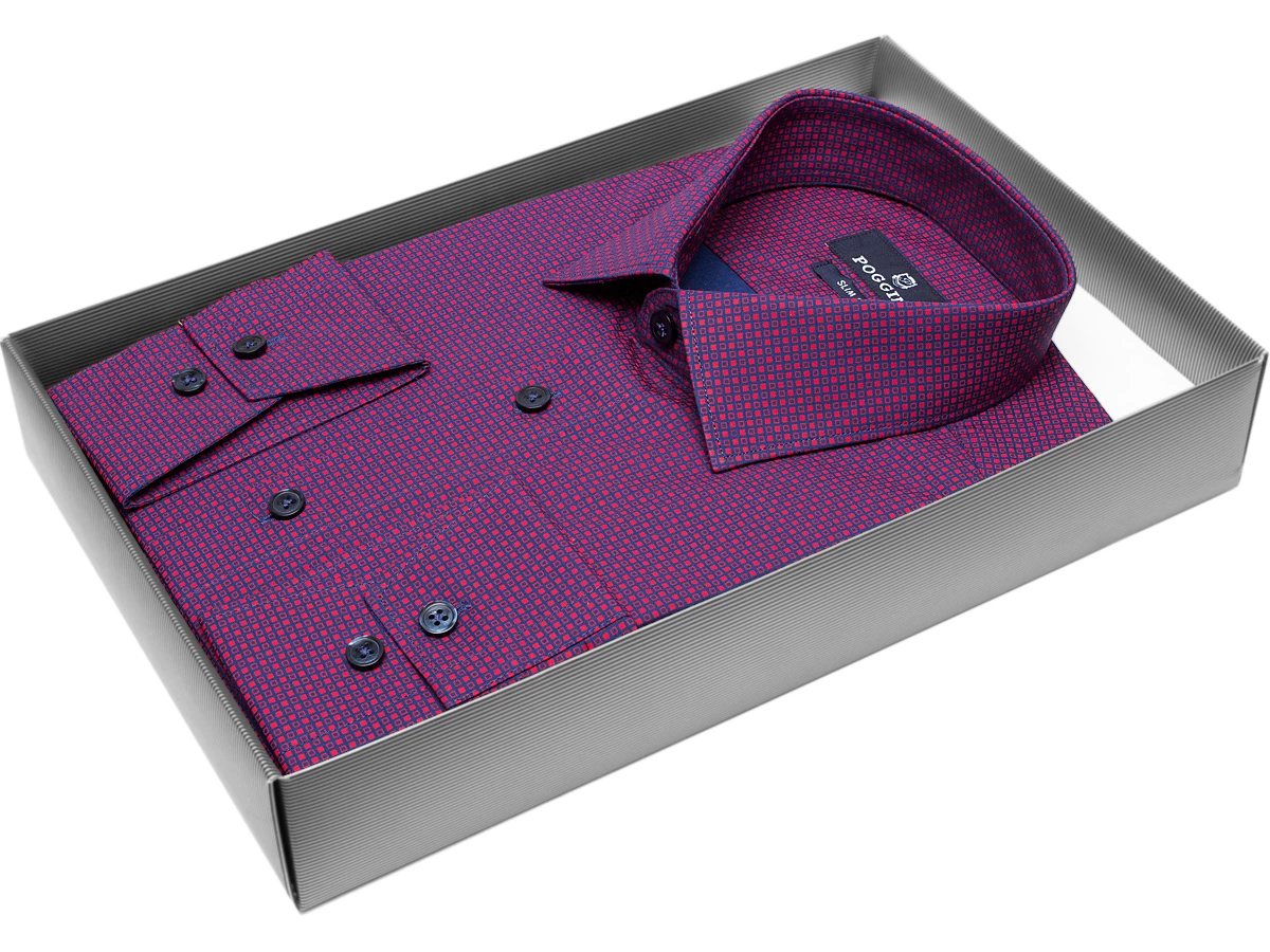 Бордово-фиолетовая приталенная мужская рубашка Poggino 7011-49 в клетку с длинными рукавами