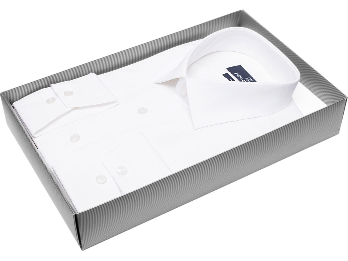 Белая приталенная мужская рубашка Poggino 7011-30 с длинными рукавами купить в Москве недорого