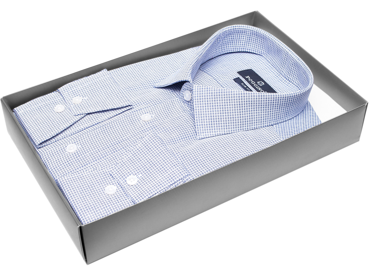 Яркая мужская рубашка Poggino 7011-08 рукав длинный силуэт приталенный стиль классический цвет синий в клетку 100% хлопок