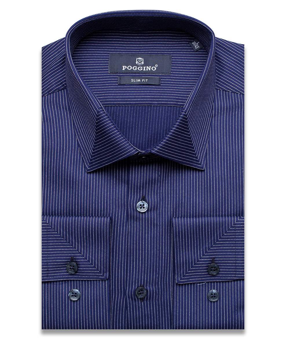 Темно-синяя приталенная мужская рубашка Poggino 5010-53 в полоску с длинными рукавами