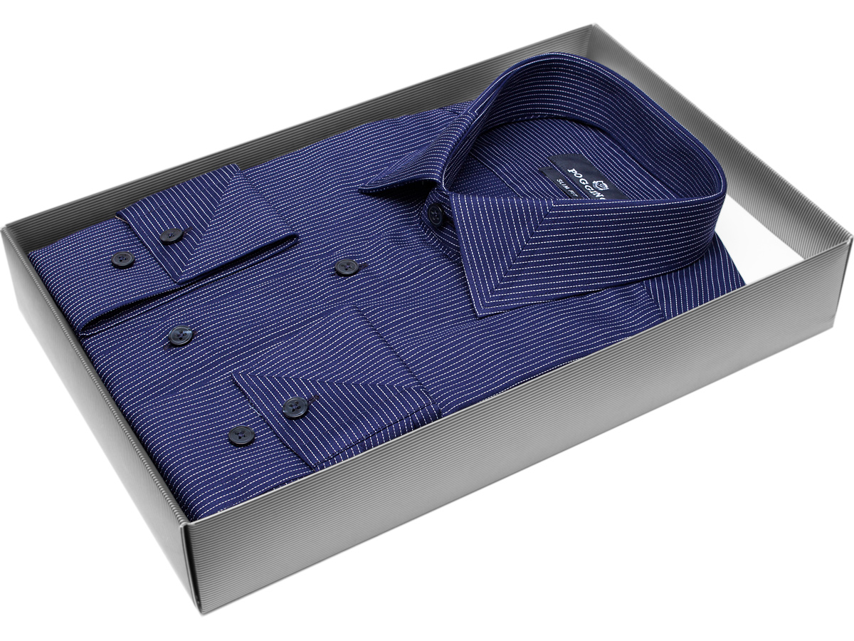 Модная мужская рубашка Poggino 5010-53 силуэт приталенный стиль классический цвет темно синий в полоску 100% хлопок