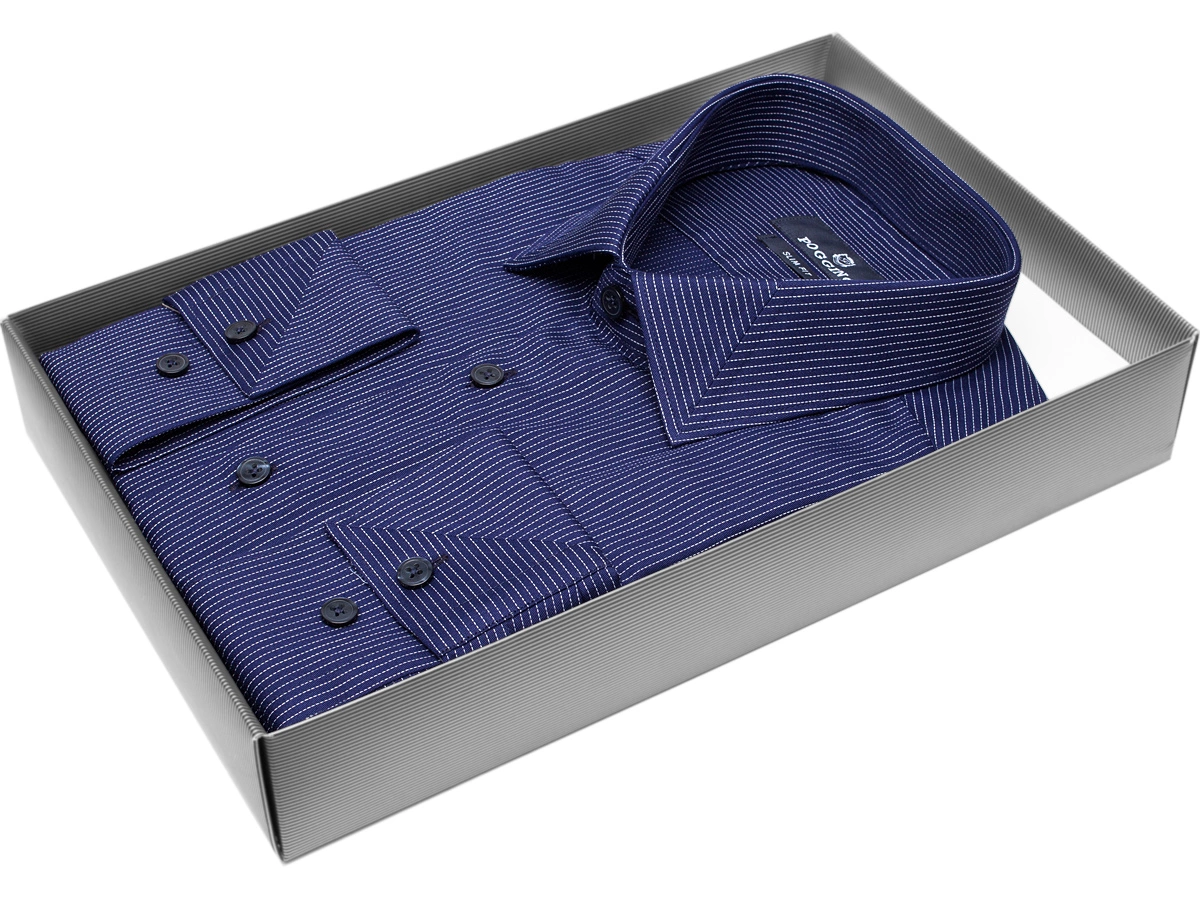 Стильная мужская рубашка Poggino 5010-53 рукав длинный силуэт приталенный стиль классический цвет темно синий в полоску 100% хлопок