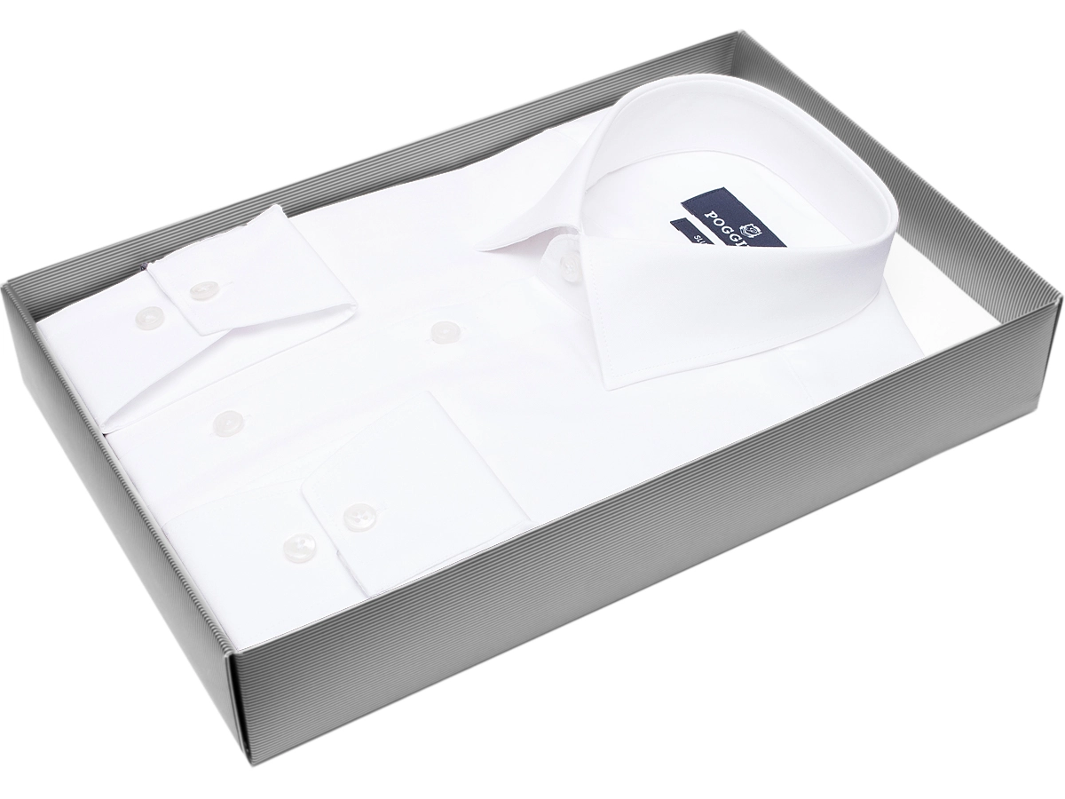 Стильная мужская рубашка Poggino 7011-27 силуэт приталенный стиль классический цвет белый однотонный 100% хлопок