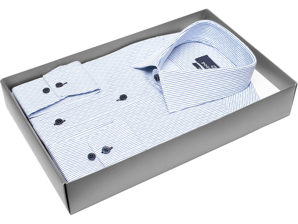 Приталенная мужская рубашка Poggino 3110-01 рукав длинный стиль классический цвет синий в полоску 100% хлопок