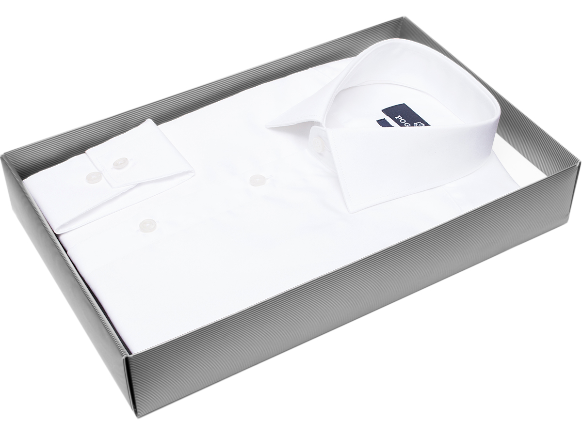 Стильная мужская рубашка Poggino 7011-67 силуэт приталенный стиль классический цвет белый однотонный 100% хлопок