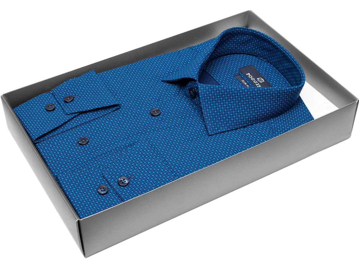 Бирюзово-синяя приталенная мужская рубашка Poggino 7011-50 в клетку с длинными рукавами