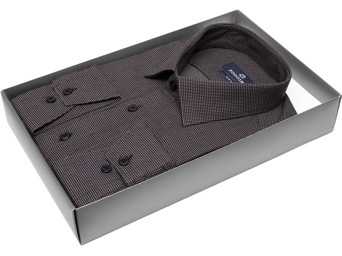 Черная приталенная мужская рубашка Poggino 7011-16 в клетку с длинными рукавами