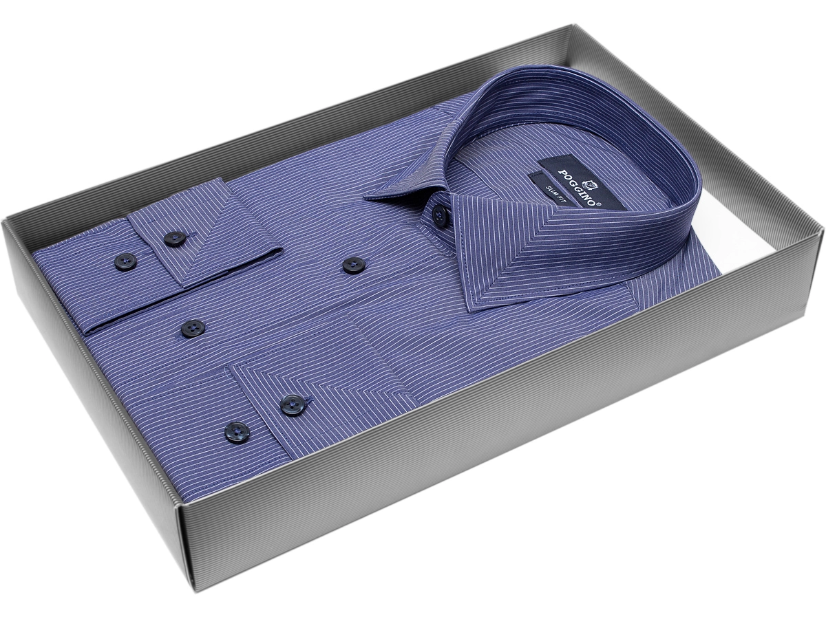Стильная мужская рубашка Poggino 5010-58 рукав длинный силуэт приталенный стиль классический цвет синий в полоску 100% хлопок
