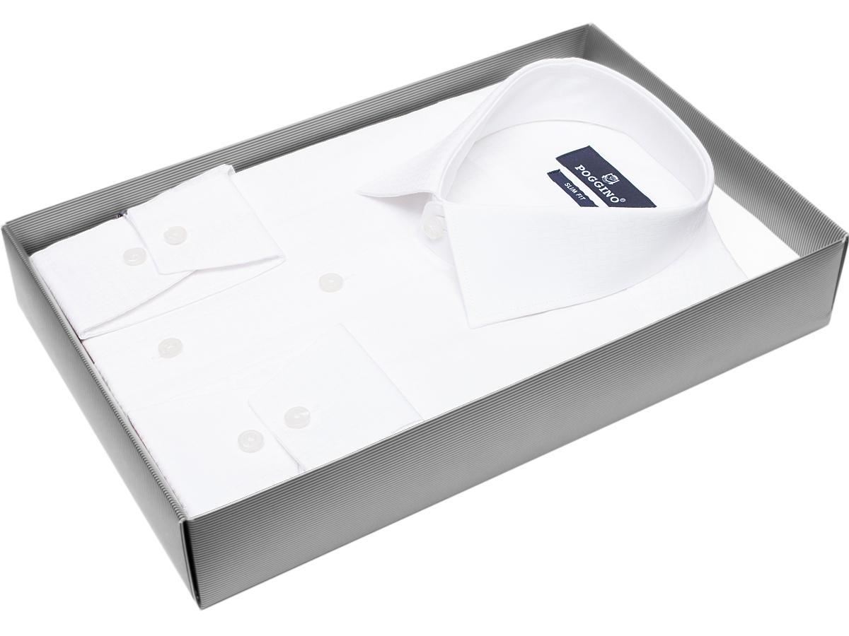 Белая приталенная мужская рубашка Poggino 7011-59 с длинными рукавами купить в Москве недорого