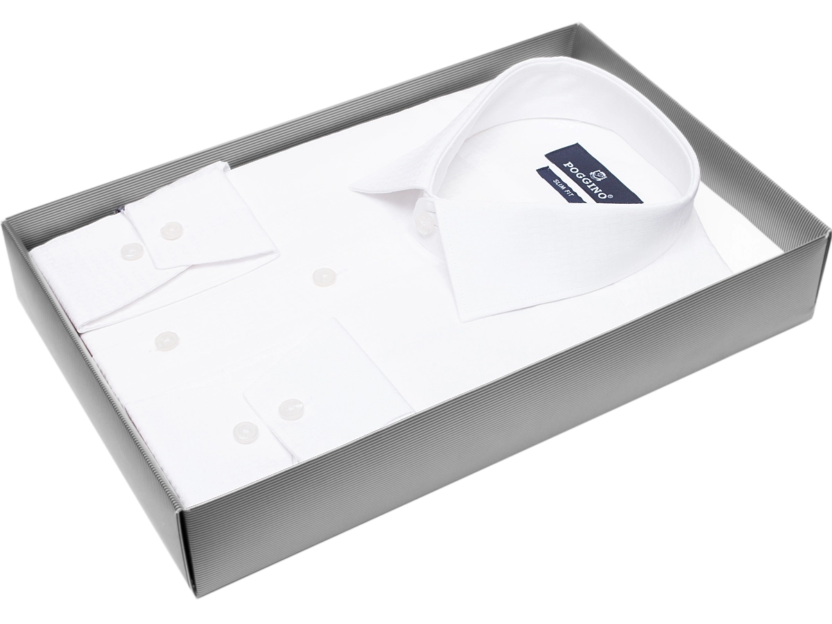 Стильная мужская рубашка Poggino 7011-59 силуэт приталенный стиль классический цвет белый однотонный 100% хлопок