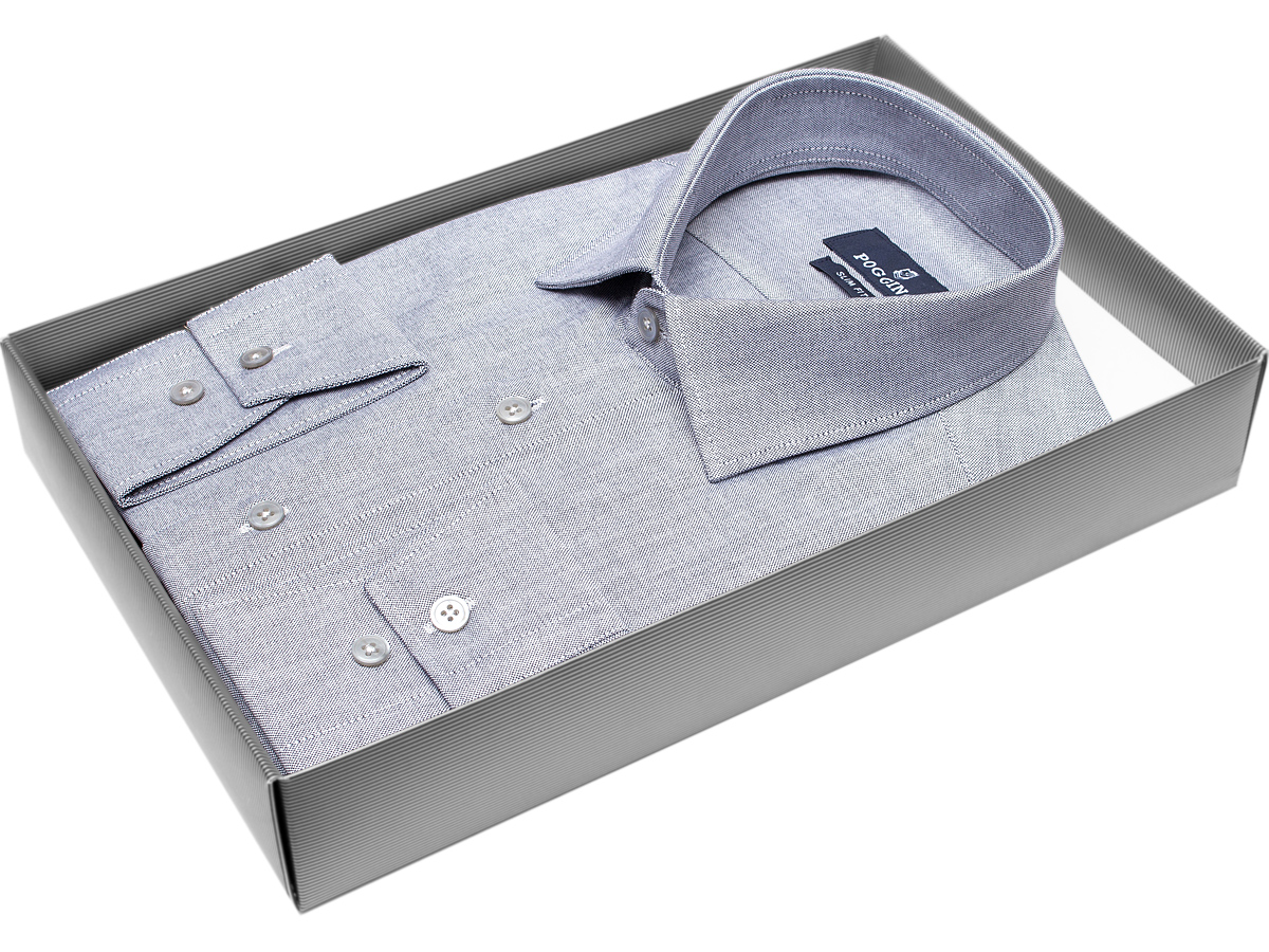 Яркая мужская рубашка Poggino 5010-79 рукав длинный силуэт приталенный стиль классический цвет серый меланж 100% хлопок
