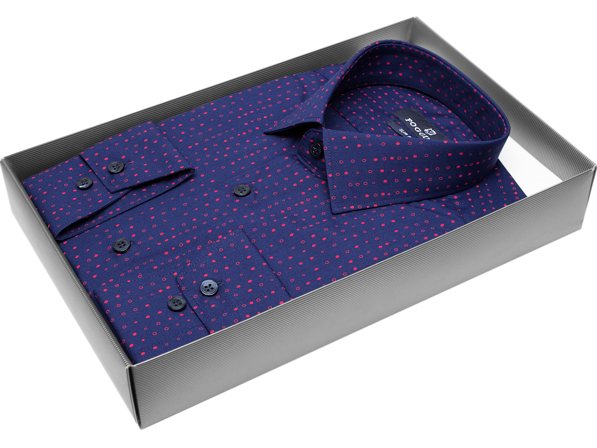 Темно-синяя приталенная мужская рубашка Poggino 7011-81 в горошек с длинными рукавами купить в Москве недорого