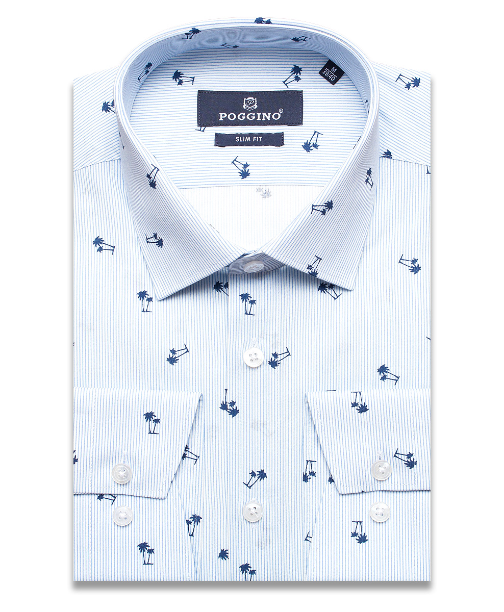 Голубая приталенная мужская рубашка Poggino 7011-72 в полоску и пальмах с длинными рукавами