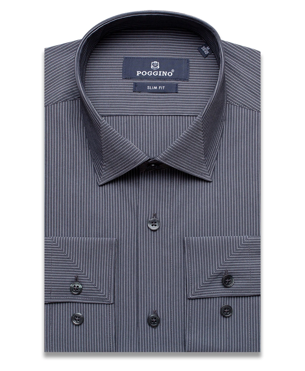 Темно-серая приталенная мужская рубашка Poggino 5010-59 в полоску с длинными рукавами
