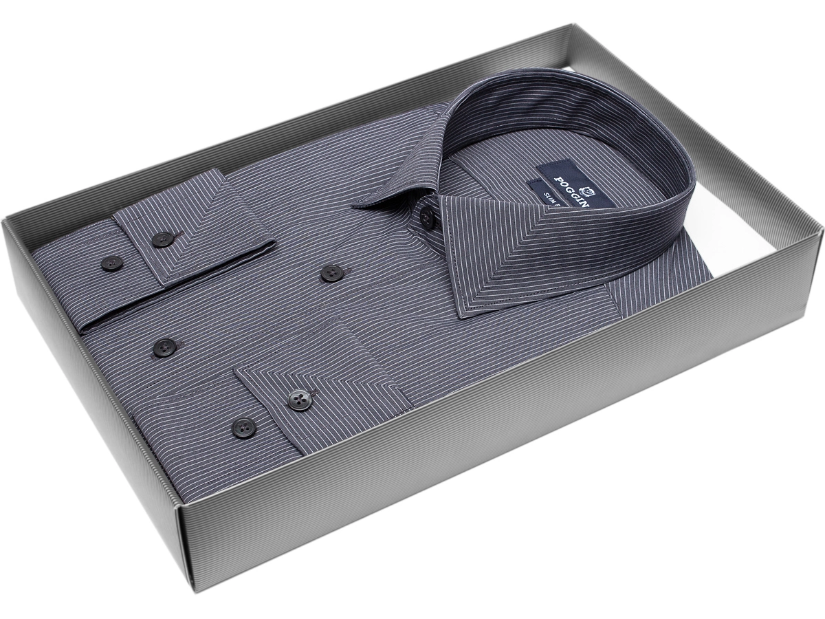 Стильная мужская рубашка Poggino 5010-59 рукав длинный силуэт приталенный стиль классический цвет темно серый в полоску 100% хлопок