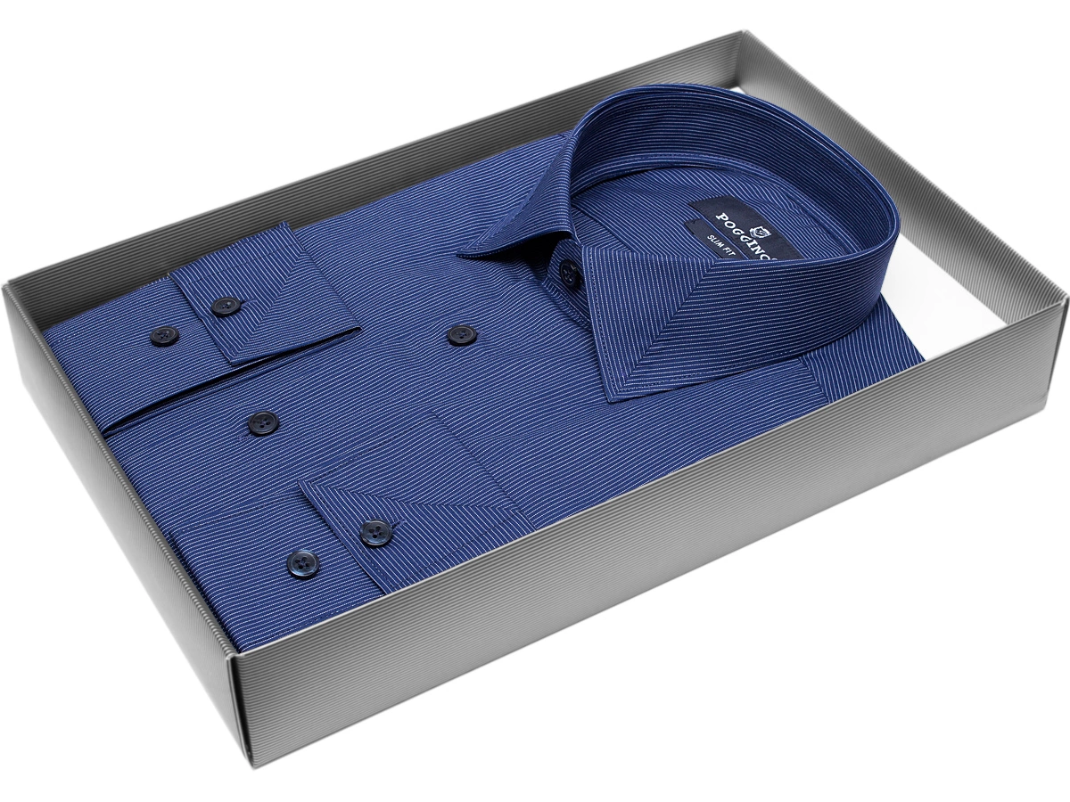 Темно-синяя приталенная мужская рубашка Poggino 5009-74 в полоску с длинными рукавами купить в Москве недорого
