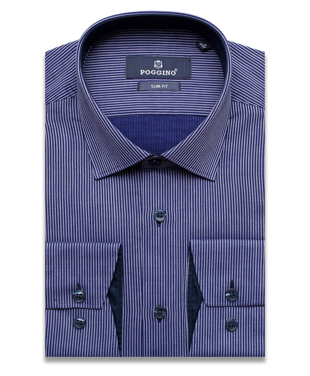 Темно-синяя приталенная мужская рубашка Poggino 5010-96 в полоску с длинными рукавами
