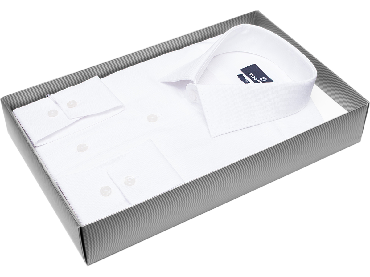 Белая приталенная мужская рубашка Poggino 7011-41 с длинными рукавами купить в Москве недорого
