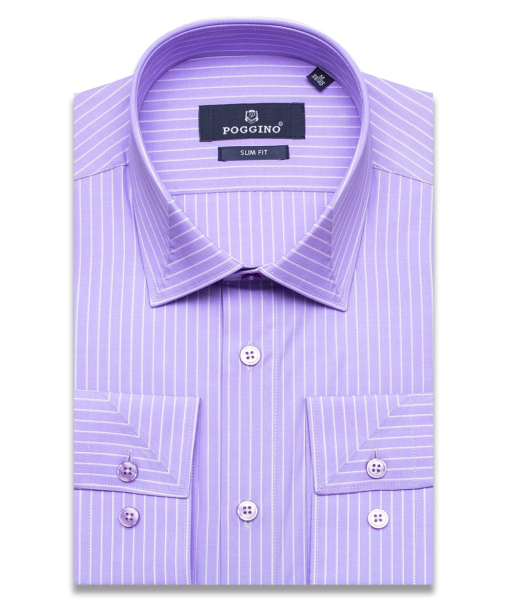 Сиреневая приталенная мужская рубашка Poggino 5009-70 в полоску с длинными рукавами