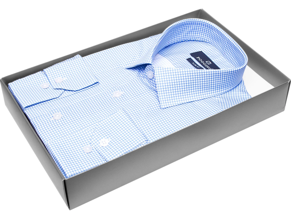 Голубая приталенная мужская рубашка Poggino 7012-12 в узорах с длинными рукавами купить в Москве недорого