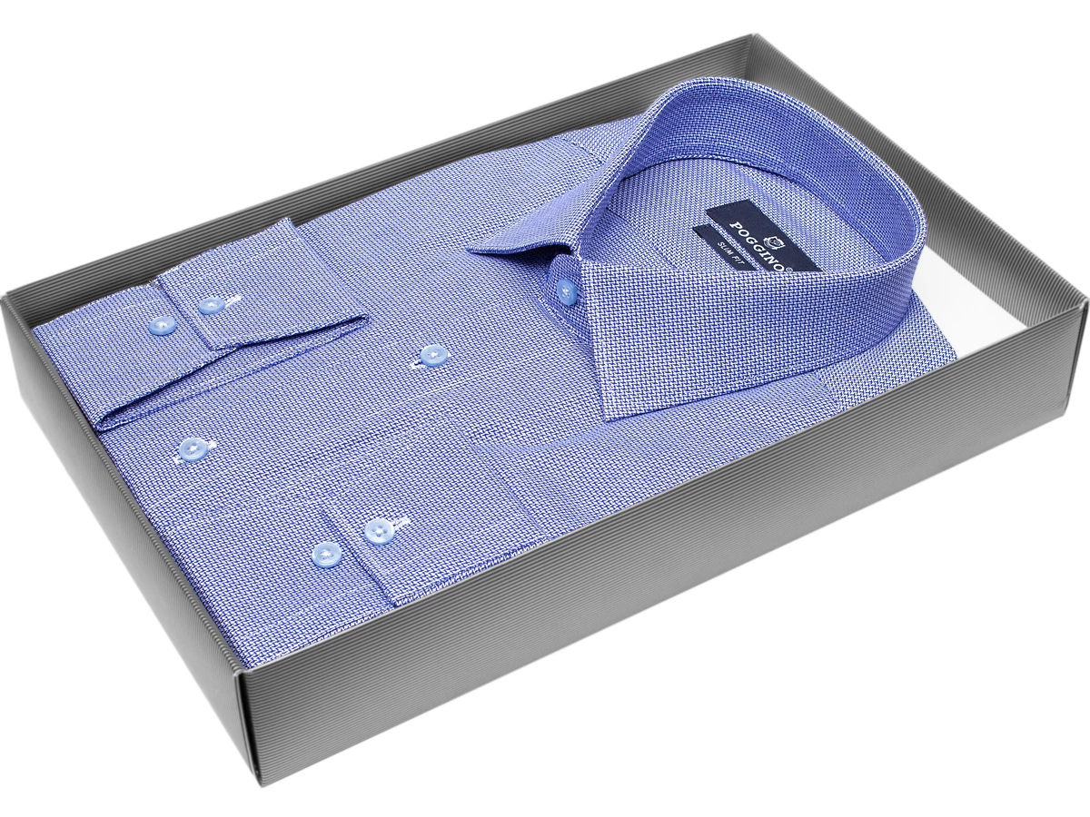 Синяя приталенная мужская рубашка Poggino 7011-36 в узорах с длинным рукавом